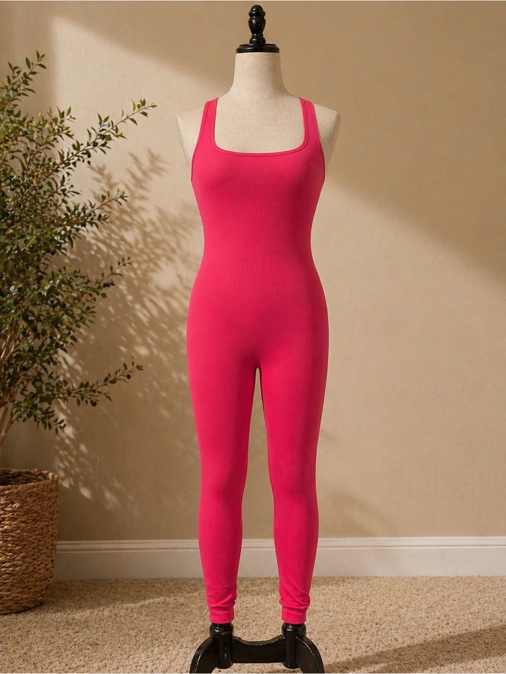 Bright Pink Ribbed Tank Jumpsuit